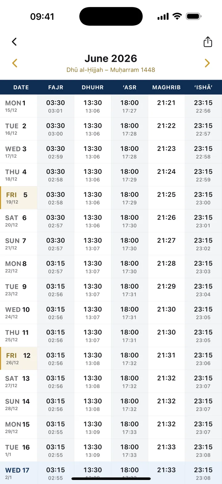 The Salafi Masjid app monthly timetable: a full month of prayer times in a calendar grid, with Gregorian and Hijri dates and Jumu&rsquo;ah days highlighted.